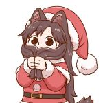  1girl animal_ear_fluff animal_ears beard belt belt_buckle brown_eyes brown_hair buckle capelet clenched_hands commentary eyebrows_visible_through_hair facial_hair fake_facial_hair fur_trim hat imaizumi_kagerou jacket long_hair long_sleeves pom_pom_(clothes) poronegi santa_costume santa_hat simple_background solo tail touhou upper_body white_background wide-eyed wolf_ears wolf_tail 