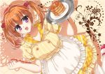  1girl :d apron blush butter cafe_stella_to_shinigami_no_chou clenched_hand dutch_angle food fuyukichi_(nikoniko1567) hair_ornament highres holding holding_tray open_mouth orange_hair pancake pink_footwear shadow short_sleeves short_twintails skirt smile stack_of_pancakes standing sumizome_nozomi syrup thigh-highs tray twintails violet_eyes white_legwear yellow_skirt 