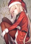  1girl belt blonde_hair breasts character_request copyright_request fetal_position fur-trimmed_sleeves fur_trim gloves hat high_heels highres knees_to_chest long_hair looking_at_viewer medium_breasts merry_christmas neck_ribbon pantyhose red_eyes ribbon santa_costume santa_hat solo toosaka_asagi white_gloves 