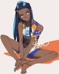  1girl armlet bike_shorts blue_eyes blue_hair breasts dark_blue_hair head_tilt highres indian_style light_blue_hair long_hair midriff multicolored_hair navel pokemon pokemon_(game) pokemon_swsh roru_(lol_dessin) rurina_(pokemon) sitting small_breasts solo v_arms white_background 