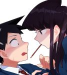  1boy 1girl absurdres bangs black_eyes black_hair blazer blue_jacket blush collared_shirt degraded_ice embarrassed eye_contact face-to-face food food_in_mouth hetero highres jacket komi-san_wa_komyushou_desu komi_shouko looking_at_another medium_hair mouth_hold necktie pocky pocky_kiss purple_hair red_neckwear school_uniform shiny shiny_hair shirt short_hair sidelocks simple_background sweatdrop tadano_hitohito upper_body white_background 