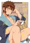  1boy beard blue_eyes blush brown_hair chest crossed_legs facial_hair fate/grand_order fate_(series) japanese_clothes kimono long_sleeves looking_at_viewer male_focus muscle napoleon_bonaparte_(fate/grand_order) onsen open_clothes pectorals scar shitappa sideburns smile solo yukata 