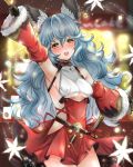  1girl :d animal_ears arm_up armpits black_gloves blue_hair blush breasts christmas cowboy_shot curly_hair detached_sleeves dress erune ferry_(granblue_fantasy) fur-trimmed_sleeves fur_trim gloves granblue_fantasy hair_between_eyes holding_bell holding_whip jewelry long_hair looking_at_viewer medium_breasts nakonbu open_mouth outdoors red_dress sideless_outfit single_earring smile solo under_boob underboob_cutout upper_teeth very_long_hair yellow_eyes 