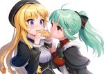  2girls ahoge bangs battle_girl_high_school beret black_bow black_capelet black_headwear black_jacket blonde_hair bow breasts capelet commentary_request eating eyebrows_visible_through_hair food fur-trimmed_capelet fur_trim green_hair hair_bow hat holding holding_food jacket kiyosato0928 long_hair multiple_girls open_clothes open_jacket ponytail red_eyes ringlets sadone sendouin_kaede shirt simple_background small_breasts striped striped_bow taiyaki upper_body very_long_hair violet_eyes wagashi white_background white_shirt 