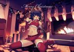  1girl aka--chi alternate_costume belt box christmas_tree commission fire_emblem fire_emblem:_the_sacred_stones fireplace fur_trim gift gift_box long_sleeves merry_christmas midriff multi-tied_hair myrrh_(fire_emblem) navel open_mouth purple_hair red_eyes red_legwear sitting solo thigh-highs twintails 