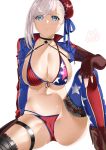  1girl american_flag_bikini american_flag_legwear asymmetrical_footwear asymmetrical_gloves asymmetrical_hair bangs bikini blue_eyes boots breasts bun_cover choker cowboy_boots elbow_gloves fate/grand_order fate_(series) fingerless_gloves flag_print front-tie_bikini front-tie_top gloves hair_bun highres kurosawa_(hjkl42332) large_breasts long_hair miyamoto_musashi_(fate/grand_order) miyamoto_musashi_(swimsuit_berserker)_(fate) multi-strapped_bikini navel pink_hair side_bun sideboob simple_background single_elbow_glove single_hair_intake single_sidelock single_thigh_boot single_thighhigh sitting solo swept_bangs swimsuit thigh-highs thigh_strap under_boob white_background 