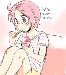  1girl ahoge bangs_pinned_back bean_bag_chair blush closed_mouth collarbone commentary_request eating eyebrows_visible_through_hair food hair_ornament hairpin ice_cream knees_up nonohara_yuzuko pink_eyes pink_hair shirt short_hair short_sleeves shorts simple_background sitting solo striped striped_shirt tatsunokosso translated yellow_shorts yuyushiki 