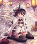  &gt;:) 1girl bangs bell black_hair black_legwear boots boots_removed breasts christmas christmas_ornaments christmas_tree cloak closed_mouth commentary_request dress eyebrows_visible_through_hair footwear_removed full_body fur-trimmed_boots fur-trimmed_cloak fur-trimmed_hat fur-trimmed_sleeves fur_trim gloves hair_between_eyes hair_ornament hat ilya_ornstein lantern long_hair long_sleeves no_shoes ouka_(ra-raradan) princess_connect! princess_connect!_re:dive red_eyes red_footwear red_gloves santa_hat sitting small_breasts smile solo thigh-highs v-shaped_eyebrows very_long_hair wariza white_cloak white_dress white_headwear 