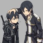  2boys age_comparison annoyed black_eyes black_hair closed_eyes dual_persona highres kirito male_focus multiple_boys petting short_hair simple_background smile speech_bubble spoken_squiggle squiggle suzu. sword_art_online time_paradox upper_body 