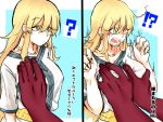  !? 1boy 1girl ? alcides_(fate/strange_fake) blonde_hair blush breast_grab breasts earrings fate/grand_order fate/strange_fake fate_(series) genderswap genderswap_(mtf) grabbing green_eyes groping jason_(fate/grand_order) jewelry long_hair open_mouth solo_focus tomoti_satoshi translation_request 