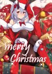  1girl absurdres bag bell blush bow breasts christmas christmas_tree dress fate/grand_order fate_(series) grey_hair hair_bow hat highres horns long_hair looking_at_viewer medium_breasts merry_christmas nanakaku open_mouth pantyhose red_bow red_eyes santa_costume santa_hat sitting sleeves_past_wrists smile solo tomoe_gozen_(fate/grand_order) v 