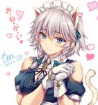  1girl adapted_costume animal_ears bangs bare_shoulders blue_dress blue_eyes blush bow braid breasts brooch cat_ears cat_tail commentary_request dated dress eyebrows_visible_through_hair gloves green_bow hair_between_eyes hair_bow hands_up heart izayoi_sakuya jewelry kemonomimi_mode looking_at_viewer maid maid_headdress medium_breasts moneti_(daifuku) own_hands_together puffy_short_sleeves puffy_sleeves short_hair short_sleeves shoulder_cutout signature silver_hair simple_background smile solo tail touhou translated twin_braids upper_body white_background white_gloves wing_collar 