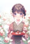  1girl amamine blurry blurry_background blurry_foreground blush braid brown_hair closed_mouth commentary_request depth_of_field flower hair_bun hair_flower hair_ornament holding holding_tray japanese_clothes kimono obi open_clothes original red_flower sash sidelocks signature smile solo tray upper_body violet_eyes white_flower 