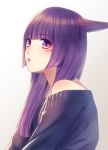  1girl animal_ears bangs blue_sweater blunt_bangs cat_ears eyebrows_visible_through_hair eyelashes facial_mark final_fantasy final_fantasy_xiv from_side hime_cut lipstick long_hair looking_away makeup miqo&#039;te off-shoulder_sweater off_shoulder parted_lips purple_hair purple_lips sidelocks simple_background slit_pupils solo sweater upper_body violet_eyes yuzuki_kaoru 