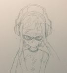  1girl closed_mouth commentary_request domino_mask inkling kotoyama long_hair looking_at_viewer mask monochrome simple_background sketch solo splatoon_(series) tentacle_hair 