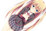  1girl blue_eyes blush dutch_angle hair_ribbon hands_up korokoro_cat little_busters!! long_hair long_sleeves looking_at_viewer plaid plaid_skirt ribbon school_uniform simple_background skirt solo tokido_saya twintails white_background white_ribbon 