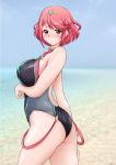  1girl ass backless_swimsuit bangs beach black_swimsuit blue_sky blurry blurry_background blush breast_hold breasts clear_sky closed_mouth commentary cowboy_shot depth_of_field from_side headpiece pyra_(xenoblade) large_breasts looking_at_viewer ocean one-piece_swimsuit red_eyes redhead short_hair sky smile solo standing swept_bangs swimsuit tiara twitter_username xenoblade_(series) xenoblade_2 yts_takana 