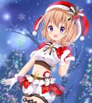  1girl :d bangs bare_tree blurry blurry_background bow breasts brown_hair capelet commentary_request crop_top depth_of_field eyebrows_visible_through_hair flower fur-trimmed_capelet fur-trimmed_gloves fur_trim gloves gochuumon_wa_usagi_desu_ka? hair_between_eyes hand_up hat highres hoto_cocoa kirara_fantasia koyuki_(azumaya999) long_hair medium_breasts midriff navel open_mouth puffy_shorts red_capelet red_flower red_headwear santa_hat short_shorts shorts smile snowflakes solo sparkle striped striped_bow thigh-highs tree violet_eyes white_gloves white_legwear white_shorts 
