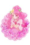  1girl aizen_(syoshiyuki) choker closed_mouth colored_eyelashes cure_grace earrings flower gloves hair_bun hair_flower hair_ornament hanadera_nodoka hands_clasped healin&#039;_good_precure heart heart_hair_ornament highres jewelry long_hair looking_at_viewer magical_girl own_hands_together pink_eyes pink_flower pink_hair pink_neckwear pink_rose pink_skirt pink_theme precure rose simple_background skirt smile solo upper_body white_background white_gloves 