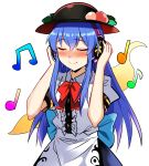 1girl bangs beamed_eighth_notes black_headwear blouse blue_hair blue_skirt blush bow bowtie center_frills closed_eyes commentary_request cowboy_shot e.o. eighth_note eyebrows_visible_through_hair food fruit hair_between_eyes hands_up hat headphones highres hinanawi_tenshi leaf long_hair musical_note nose_blush peach puffy_short_sleeves puffy_sleeves red_bow red_neckwear short_sleeves sidelocks simple_background skirt smile solo standing touhou white_background white_blouse