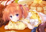  1girl :p blueberry blush breasts cafe_stella_to_shinigami_no_chou cake doughnut eating eyebrows_visible_through_hair food food_on_face fork fruit hair_ornament large_breasts licking_lips looking_at_viewer lying on_stomach orange_hair pancake sekine_irie short_sleeves short_twintails skirt slice_of_cake smile solo stack_of_pancakes sumizome_nozomi syrup thigh-highs tongue tongue_out twintails violet_eyes white_legwear yellow_skirt 