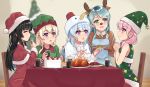  5girls :o ^_^ animal_costume animal_ears antlers apron aqua_hair bang_dream! bangs bell black_hair blonde_hair blue_apron blue_hair brown_gloves cake capelet chair chicken_(food) chicken_hat christmas christmas_tree_costume clenched_hands closed_eyes commentary_request costume cup dress drinking_glass elf_hat far_is_a food fur-trimmed_capelet fur-trimmed_sleeves fur_trim gloves green_eyes green_headwear half_updo hands_together hat highres hikawa_sayo holding holding_cup holding_plate jingle_bell long_hair long_sleeves looking_at_another maruyama_aya matsubara_kanon multiple_girls neck_bell pink_eyes pink_hair plate pom_pom_(clothes) red_capelet red_headwear red_nose reindeer_antlers reindeer_costume reindeer_ears santa_dress santa_hat shirasagi_chisato shirokane_rinko sitting sleeveless sleeveless_dress smile star table violet_eyes 