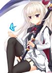  1girl 8kumagawa_(log) akizuki_kanna black_cape black_legwear blue_butterfly bow bug butterfly cafe_stella_to_shinigami_no_chou cape garter_straps hair_bow highres insect pink_eyes red_bow scythe simple_background sitting smile solo thigh-highs white_background yuzu-soft 