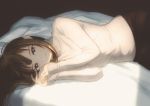  1girl bed_sheet brown_eyes brown_hair closed_mouth commentary_request cowboy_shot deg_(deguana) highres idolmaster idolmaster_cinderella_girls light long_hair long_sleeves looking_at_viewer lying mizumoto_yukari on_bed on_side own_hands_together pants sleeves_past_wrists smile solo sweater turtleneck turtleneck_sweater 