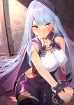  1girl bangs blue_hair breasts cape clenched_hands commentary_request covered_navel cuffs earrings furukawa_itsuse half-closed_eye handcuffs highres jewelry long_hair looking_at_viewer original parted_lips red_eyes restrained scar sitting solo thigh_strap very_long_hair 