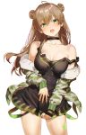  1girl :d ahoge bare_shoulders black_dress bow breasts brown_hair camouflage_jacket choker collarbone cowboy_shot double_bun dress fur_trim girls_frontline green_eyes hair_between_eyes hair_bow hair_bun head_tilt highres jacket long_hair long_sleeves looking_at_viewer medium_breasts mery_(apfl0515) off_shoulder open_clothes open_jacket open_mouth rfb_(girls_frontline) simple_background sleeveless sleeveless_dress smile solo strap_slip thighs white_background 
