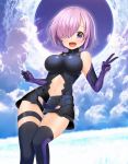  1girl :d armor armored_dress bare_shoulders black_legwear blush breasts dress elbow_gloves fate/grand_order fate_(series) gloves groin hair_over_one_eye highres large_breasts lavender_hair looking_at_viewer mash_kyrielight medium_hair navel navel_cutout open_mouth outdoors purple_hair skin_tight skindentation sleeveless sleeveless_dress smile solo thigh_gap thigh_strap thighs v violet_eyes yoshi8357 
