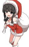  1girl alternate_costume bangs black_hair blunt_bangs boots braid dress elbow_gloves feet_out_of_frame full_body fur-trimmed_boots fur-trimmed_dress fur_trim gloves hair_over_shoulder hat highres kantai_collection kitakami_(kantai_collection) long_hair looking_at_viewer okitsugu perspective red_footwear red_gloves red_headwear sack santa_hat sidelocks simple_background single_braid smile solo strapless strapless_dress white_background 
