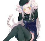  1girl :3 :i animal_ears bangs beret black_headwear black_legwear blush breasts cat_ears cat_girl cat_tail clothes_writing convenient_leg embarrassed feet_out_of_frame girls_frontline gloves green_eyes hair_ornament hat hk416_(girls_frontline) knees_together_feet_apart knees_up long_hair long_sleeves looking_at_viewer miniskirt mochacot no_panties paw_pose plaid plaid_skirt pleated_skirt sitting skirt solo symbol_commentary tail tears thigh-highs very_long_hair white_background white_gloves white_hair 