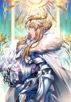  1girl ahoge armor artoria_pendragon_(all) artoria_pendragon_(lancer) bangs banner blonde_hair braid cape crown cuirass fate_(series) fur_trim gauntlets green_eyes hair_bun headwear_removed helmet helmet_removed highres holding holding_helmet long_hair looking_to_the_side parted_lips sidelocks solo standing tenobe upper_body white_cape 