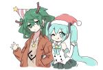  2girls :p antlers aqua_eyes aqua_hair black_skirt blush chibi commentary detached_sleeves dual_persona earrings expressionless fur-trimmed_hat green_eyes green_hair hair_ornament hand_up hat hatsune_miku holding_arm jacket jewelry long_hair looking_at_viewer magical_mirai_(vocaloid) medium_hair multiple_girls necklace nejikyuu one_eye_closed party_hat pleated_skirt red_headwear red_jacket reindeer_antlers santa_hat shirt skirt sleeveless sleeveless_shirt smile star star_necklace striped_hat suna_no_wakusei_(vocaloid) t-shirt tongue tongue_out twintails upper_body very_long_hair vocaloid waving white_background white_shirt white_sleeves yuri 