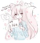  1girl :d ahoge animal animal_ear_fluff animal_ears bangs blue_dress blush_stickers brown_eyes cat commentary_request dated dress eyebrows_visible_through_hair fox_ears fox_girl fox_tail hair_between_eyes hair_intakes highres holding holding_sign long_hair long_sleeves open_mouth original pink_hair pointing sign smile solo tail tandohark translation_request very_long_hair white_background 