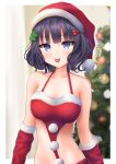  1girl absurdres bangs bare_shoulders blush breasts christmas christmas_tree closed_mouth collarbone elbow_gloves fate/grand_order fate_(series) fur-trimmed_gloves fur_trim gloves hat highres katsushika_hokusai_(fate/grand_order) looking_at_viewer medium_breasts purple_hair red_bikini_top red_gloves red_headwear ripi_ur santa_hat short_hair solo tongue tongue_out violet_eyes 