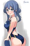  :d absurdres alternate_costume ass bare_shoulders blue_hair blush breasts competition_swimsuit eyebrows_visible_through_hair from_side gotland_(kantai_collection) hair_bun highres kantai_collection large_breasts long_hair mole mole_under_eye noruren one-piece_swimsuit open_mouth smile swimsuit twitter_username 