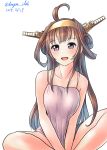  1girl :d absurdres ahoge blush breast_squeeze breasts brown_hair dangan_kurabu dated double_bun eyebrows_visible_through_hair hairband hands_together headgear highres kantai_collection kongou_(kantai_collection) long_hair looking_at_viewer open_mouth remodel_(kantai_collection) simple_background sitting smile solo twitter_username violet_eyes white_background 