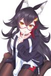  :3 alternate_costume animal_ears black_hair breasts commentary_request fang finger_to_mouth glasses hair_between_eyes hair_ornament hairclip hasanishi hololive long_hair ookami_mio pantyhose seiza sitting virtual_youtuber white_background wolf_ears yellow_eyes 