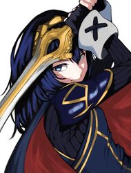  1girl armor arms_up blue_bodysuit blue_cape blue_eyes blue_hair blue_shirt bodysuit breasts cape chorogon closed_mouth commentary_request dutch_angle eyelashes falchion_(fire_emblem) fingerless_gloves fire_emblem fire_emblem_awakening gloves gold_trim hair_between_eyes highres holding holding_weapon long_sleeves looking_at_viewer lucina lucina_(fire_emblem) medium_hair red_cape shirt shoulder_armor simple_background small_breasts solo sword upper_body weapon white_background wrist_cuffs 