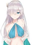  1girl absurdres anastasia_(fate/grand_order) bangs bare_shoulders blue_bikini_top blue_cloak blue_eyes blush breasts cloak collarbone earrings evening_rabbit fate/grand_order fate_(series) hair_over_one_eye halterneck highres jewelry long_hair looking_at_viewer medium_breasts navel off_shoulder silver_hair simple_background solo white_background 