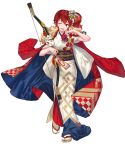  1girl anna_(fire_emblem) bangs bow_(weapon) fire_emblem fire_emblem_heroes full_body hair_ornament hanekoto highres japanese_clothes kimono looking_at_viewer obi official_art one_eye_closed open_mouth red_eyes redhead sandals sash smile solo tabi tied_hair transparent_background weapon white_legwear 