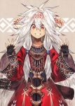  arrow aztec banpai_akira beads beige_background black_gloves gloves grey_hair hair_between_eyes long_hair long_sleeves multicolored multicolored_hair orange_eyes original parted_lips quiver smile teeth white_hair 