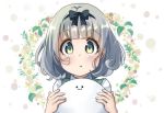  1girl :3 :t bangs black_bow blunt_bangs blush bow closed_mouth commentary_request eyebrows_visible_through_hair floral_background ghost green_eyes hair_bow highres holding konpaku_youmu konpaku_youmu_(ghost) looking_at_viewer pegashi short_hair silver_hair solo tareme touhou upper_body white_background wreath 