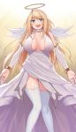  1girl absurdres ahoge angel angel_wings blonde_hair blue_eyes breasts cccpo detached_sleeves dress halo highres large_breasts long_hair open_mouth original solo thigh-highs wings 