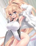  1girl arms_behind_head artist_name breasts commentary_request competition_swimsuit cowboy_shot dated fate/grand_order fate_(series) glasses highleg highleg_swimsuit inoue_tomii jacket jeanne_d&#039;arc_(fate)_(all) jeanne_d&#039;arc_(swimsuit_archer) large_breasts looking_at_viewer one-piece_swimsuit ponytail sitting solo swimsuit twitter_username whistle whistle_around_neck white_jacket white_swimsuit 