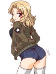  1girl artist_request ass black_shirt blonde_hair blue_eyes blush breasts closed_mouth from_behind girls_und_panzer jacket kay_(girls_und_panzer) large_breasts looking_at_viewer looking_back medium_hair military military_uniform one_eye_closed saunders_military_uniform shiny shiny_hair shirt short_shorts shorts simple_background smile solo source_request standing thigh-highs uniform white_background white_legwear 