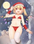  1girl :d bangs bare_shoulders bikini blonde_hair blush boots bow breasts brown_footwear commentary_request cowboy_shot crystal flandre_scarlet full_moon hair_bow hand_up hat looking_at_viewer miyo_(ranthath) moon navel night night_sky one_side_up open_mouth pom_pom_(clothes) red_bikini red_bow red_eyes red_headwear sack santa_bikini santa_hat short_hair side-tie_bikini sky small_breasts smile snowing solo standing stomach swimsuit thigh-highs thighs touhou white_legwear wings wrist_cuffs 