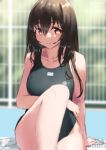  1girl arm_support black_swimsuit breasts brown_eyes brown_hair closed_mouth collarbone commentary_request competition_swimsuit eyebrows_visible_through_hair jonsun long_hair looking_at_viewer one-piece_swimsuit original sitting smile solo swimsuit twitter_username 